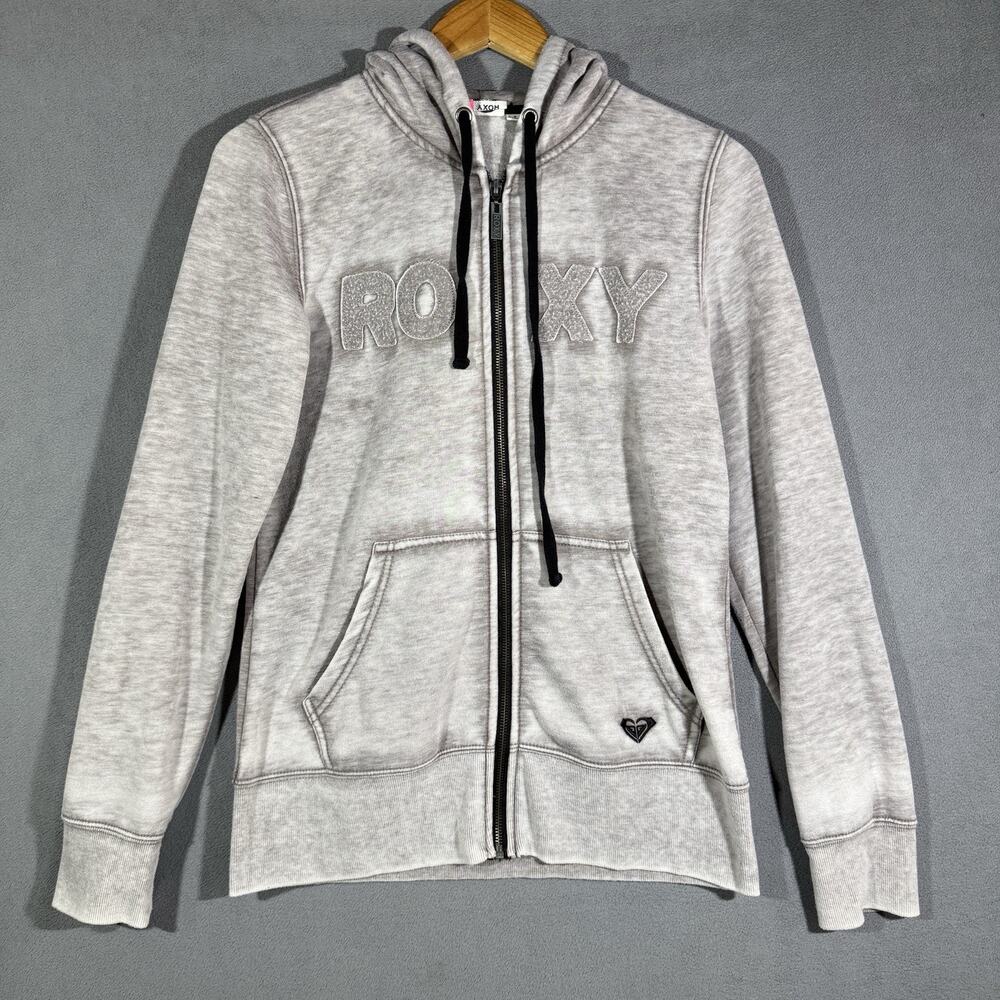 Y2K Roxy Full Zip Hoodie Women’s Large Gray Fleece Lined Sweatshirt Logo Jacket